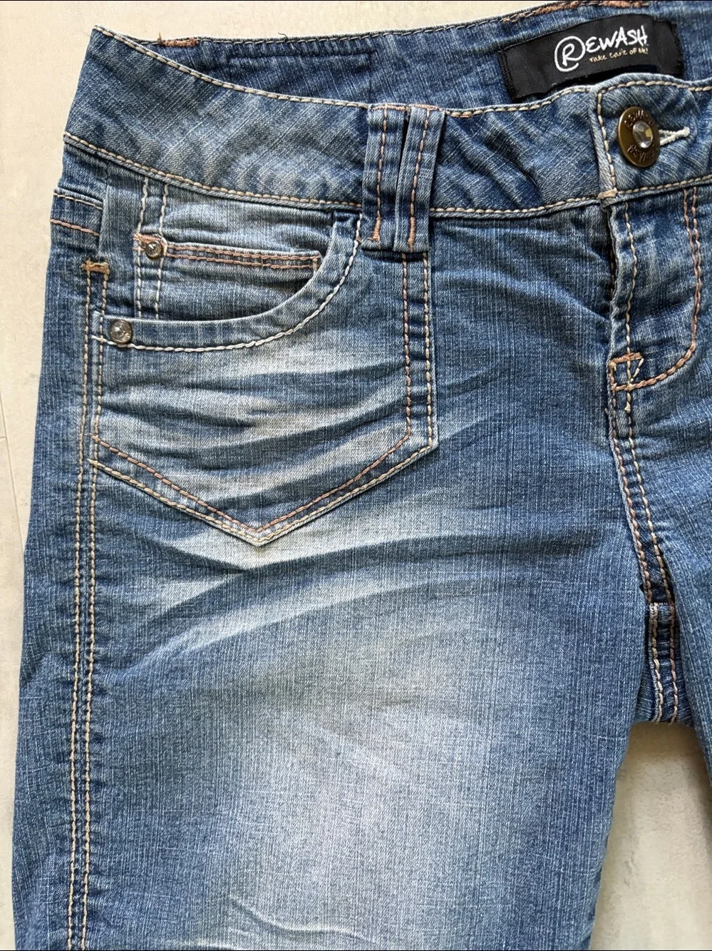 Rewash Blue Faded whiskered stretch Denim Bermuda Shorts/rhinestone studs  decor